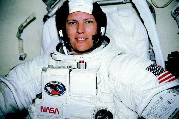 Kathy Sullivan during a short break during suit-up
aboard Discovery.